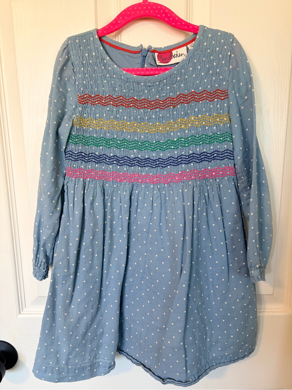Mini Boden Light Blue Polka Dot Dress with Multicolor Smocking